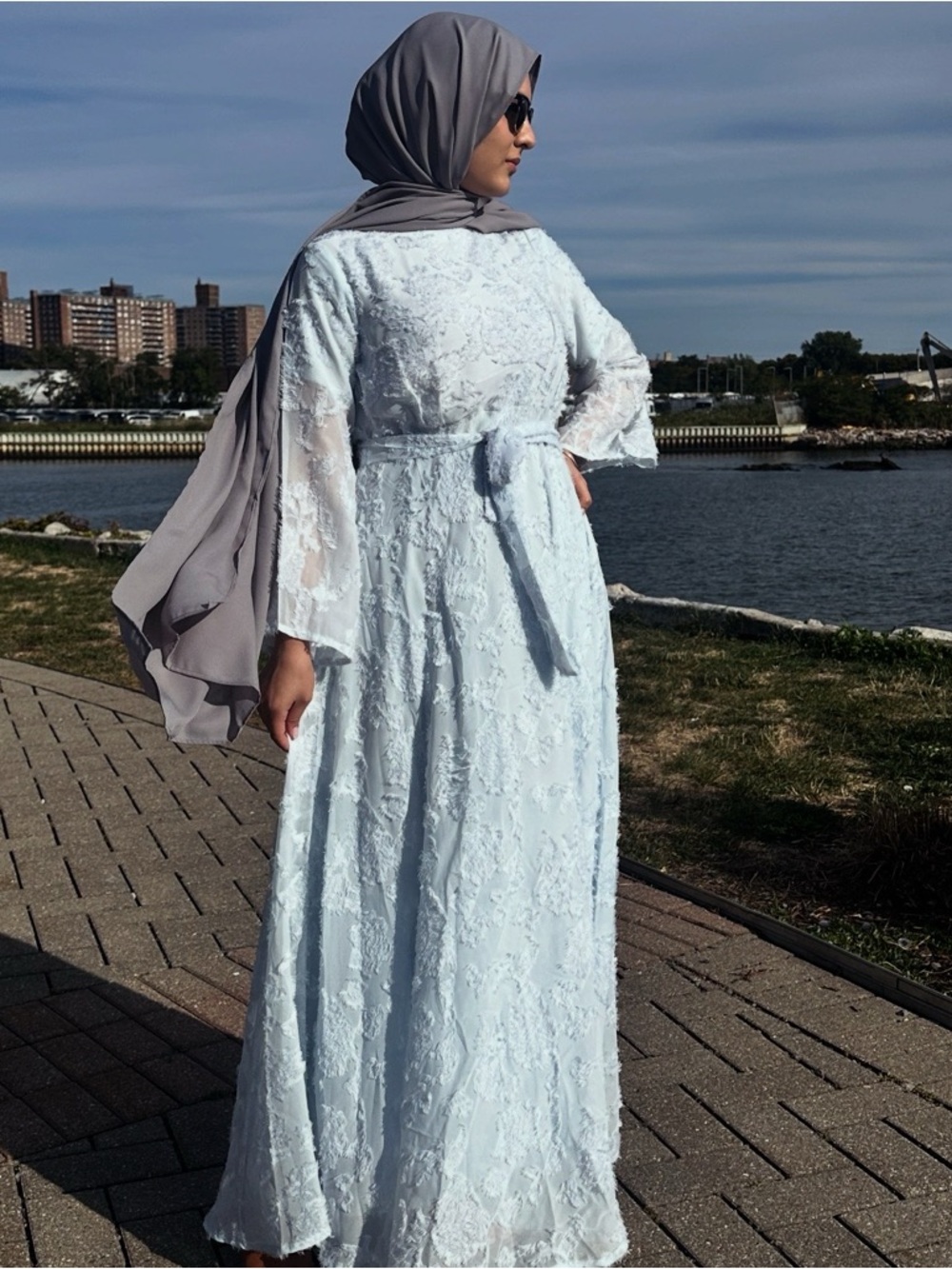 Modest Pale Blue Lace Maxi Dress with Tie Waist